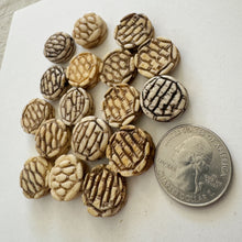 off white, hand carved framed woven motif, vintage stock chinese bone, 17x17x6mm coin, SOLD PER BEAD