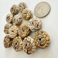 off white, hand carved painted tree branches 2 snake motif, vintage stock chinese bone, 19x19x12mm coin, SOLD PER BEAD