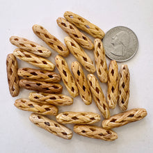 off white, hand carved woven motif, vintage stock chinese bone, 31x7x7mm tube, SOLD PER BEAD