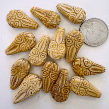 off white, hand carved floral motif, vintage stock chinese bone, 27x16x8mm teardrop, SOLD PER BEAD