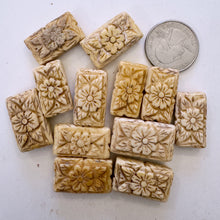 off white, hand carved floral motif, vintage stock chinese bone, 25x14x7mm rectangle, SOLD PER BEAD