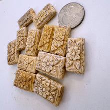 off white, hand carved floral motif, vintage stock chinese bone, 25x14x7mm rectangle, SOLD PER BEAD