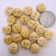 off white, hand carved owl motif, vintage stock chinese bone, 13x13x6mm coin, SOLD PER BEAD