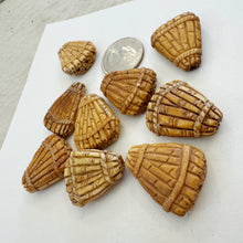 off white, hand carved bamboo motif, vintage stock chinese bone, 27x23x8mm fan teardrop, 1 hole to 3 hole, SOLD PER BEAD