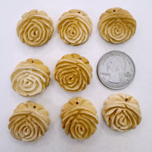 off white, hand carved flower blossom motif, vintage stock chinese bone, 24x24x7mm coin pendant, top drilled hole for hanging, SOLD PER BEAD
