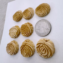 off white, hand carved flower blossom motif, vintage stock chinese bone, 24x24x7mm coin pendant, top drilled hole for hanging, SOLD PER BEAD