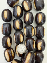dark chocolate brown off white stripe, faux bone, vintage look resin, 35x29mm barrel, 15" strand,  SOLD PER STRAND