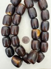 dark chocolate brown off white, faux bone, vintage look resin, 30x26mm barrel, 15" strand,  SOLD PER STRAND
