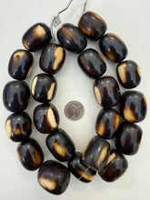 dark chocolate brown off white, faux bone, vintage look resin, 34x29mm barrel mix, 15" strand,  SOLD PER STRAND