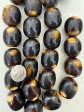 dark chocolate brown off white, faux bone, vintage look resin, 32x29mm barrel, 15" strand,  SOLD PER STRAND