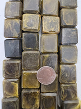 dark olive green crackle motif, vintage look resin, 23mm cube, 15" strand,  SOLD PER STRAND