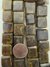 dark olive green crackle motif, vintage look resin, 17mm cube, 15" strand,  SOLD PER STRAND