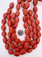 pale red, semi dull finish, vintage stock resin, 24x16x12mm pointed oval, 15" strand,   SOLD PER STRAND