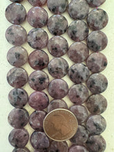 purple enhanced kiwi quartz, 15x15x6mm coin, 15" strand,  SOLD PER STRAND