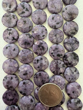purple enhanced kiwi quartz, 16x16x5mm coin, 15" strand,   SOLD PER STRAND