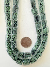 clear mint green black swirl inside lined, vintage stock glass, 14x13x11mm flattened tube, 15" strand, sold per strand