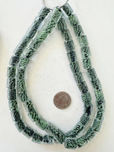 clear mint green black swirl inside lined, vintage stock glass, 14x13x11mm flattened tube, 15" strand, sold per strand