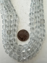 clear, vintage stock glass, 10x8mm faceted barrel, 15" strand, sold per strand
