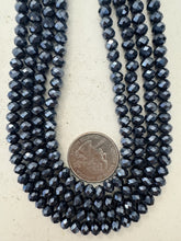 metallic dark gray gunmetal blue plated glass, 6x4.5mm faceted rondelle, 15" strand, sold per strand