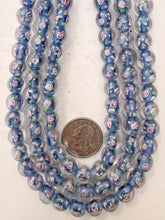 pink rose motif dark pale blue inside lined, dull finish, vintage stock glass, 10mm round, 13" strand, sold per strand