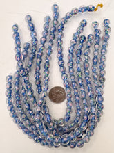 pink rose motif dark pale blue inside lined, dull finish, vintage stock glass, 10mm round, 13" strand, sold per strand