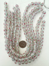 pink rose motif pale blue gray inside lined, dull finish, vintage stock glass, 10mm round, 14" strand, sold per strand