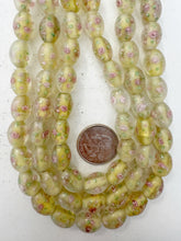 pink rose motif pale yellow inside lined, dull finish, vintage stock glass, 14x12mm bowed tube, 14" strand, sold per strand