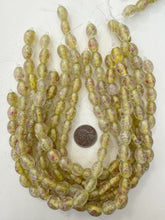 pink rose motif pale yellow inside lined, dull finish, vintage stock glass, 14x12mm bowed tube, 14" strand, sold per strand