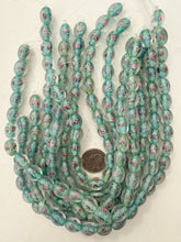 pink rose motif light aqua blue inside lined, dull finish, vintage stock glass, 14x12mm bowed tube, 14" strand, sold per strand