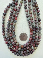 color enhanced serpentine: gray red magenta, 8mm round, 15" strand,   SOLD PER STRAND