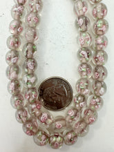pink rose motif clear inside lined, dull finish, vintage stock glass, 10mm round, 12" strand, sold per strand