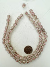 pink rose motif clear inside lined, dull finish, vintage stock glass, 10mm round, 12" strand, sold per strand