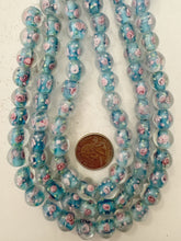 pink rose motif pale electric blue inside lined, dull finish, vintage stock glass, 12mm round, 13" strand, sold per strand