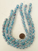 pink rose motif pale electric blue inside lined, dull finish, vintage stock glass, 12mm round, 13" strand, sold per strand