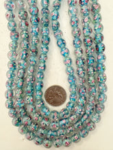 pink rose motif electric blue inside lined, dull finish, vintage stock glass, 10mm round, 14" strand, sold per strand