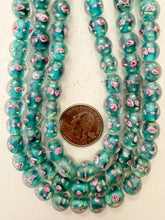 pink rose motif electric green blue inside lined, dull finish, vintage stock glass, 10mm round, 14" strand, sold per strand