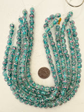 pink rose motif electric green blue inside lined, dull finish, vintage stock glass, 10mm round, 14" strand, sold per strand