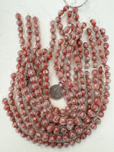 pink rose motif pale dark red inside lined, dull finish, vintage stock glass, 10mm round, 14" strand, sold per strand (batch 3)