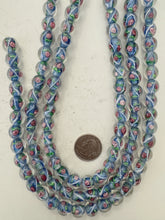 pink rose motif dark pale blue inside lined, dull finish, vintage stock glass, 12mm round, 15" strand, sold per strand