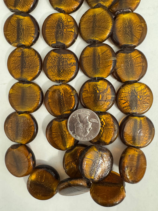 foil glass, dark rootbeer brown, 27x23x7mm coin, 15