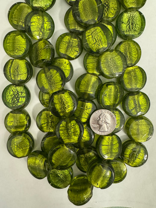 foil glass, olive green, 24x24x9mm coin, 15