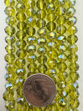 dark lime green, blue ab coated, glass, 8x7mm fancy cut faceted rondelle, 15" strand, SOLD PER STRAND