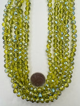 dark lime green, blue ab coated, glass, 8x7mm fancy cut faceted rondelle, 15" strand, SOLD PER STRAND