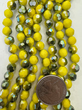 yellow, green gray ab coated, glass, 8mm fancy cut faceted round, 20" strand,  SOLD PER STRAND