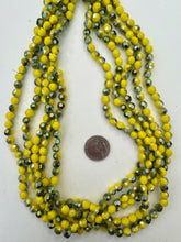 yellow, green gray ab coated, glass, 8mm fancy cut faceted round, 20" strand,  SOLD PER STRAND