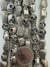 antique silver plated metal, vintage look, 13x9x9mm skull, 15" strand, sold per strand