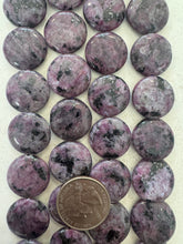 color enhanced black labradorite: grape purple, 20x20x6mm coin, 15" strand,   SOLD PER STRAND