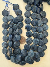 color enhanced black labradorite: blueberry blue, 20x20x6mm coin, 15" strand,   SOLD PER STRAND