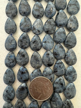 color enhanced black labradorite: pale blueberry blue, semi dull finish, 17x13x6mm teardrop, 15" strand,   SOLD PER STRAND