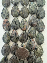 color enhanced black labradorite: green peach,  24x17x7mm teardrop, 15" strand,   SOLD PER STRAND